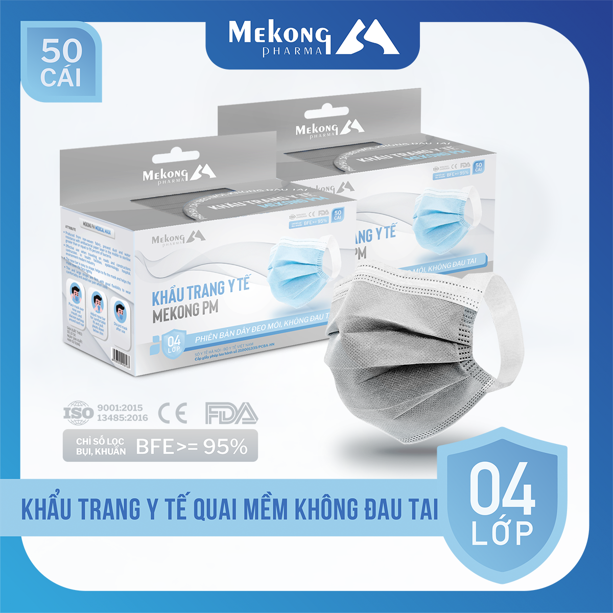 2 Hộp Khẩu Trang Mekong Cao Cấp 4 Lớp Kháng Khuẩn có dây đeo mềm không gây đay tai (50 chiếc 1 Hộp)