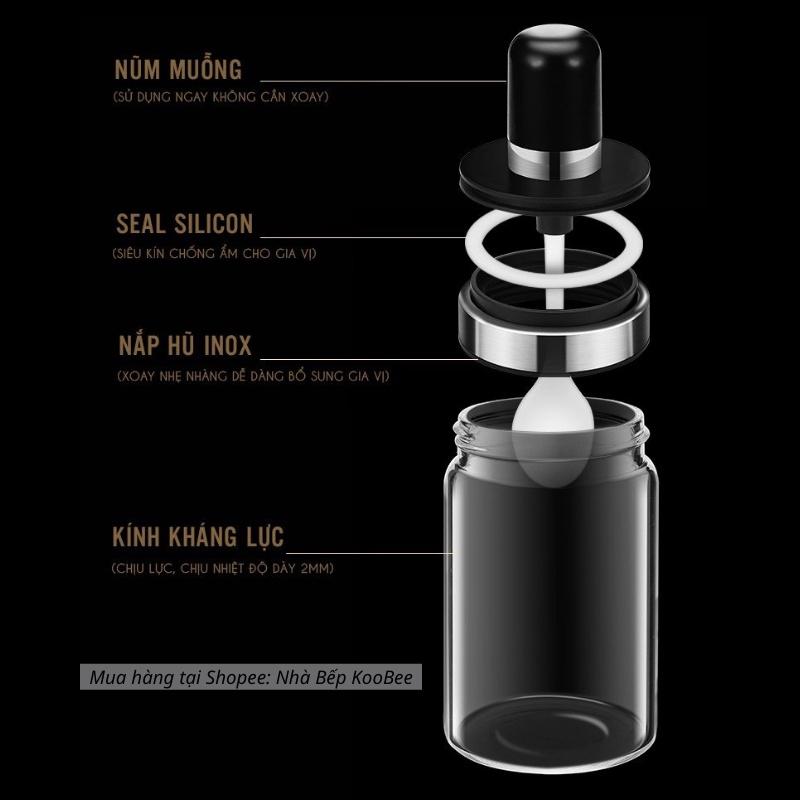 Lọ đựng gia vị thuỷ tinh chống ẩm kèm muỗng múc 250ml - Hũ gia vị cao cấp mới 2021 KooBee