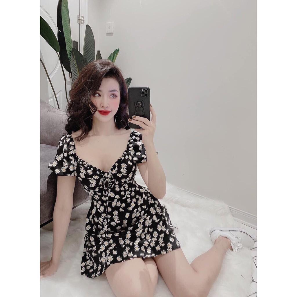 Đầm nữ dáng chữ A họa tiết cúc họa mi trắng cột nơ ngực tay bo thun có lót trong thích hợp mặc đi dự tiệc mặc đi chơi AM