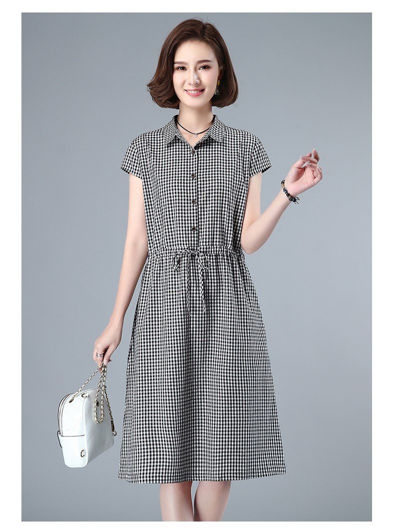 Váy sơ mi nữ phối cúc công sở, họa tiết caro trẻ trung, dây rút eo xinh CS73
