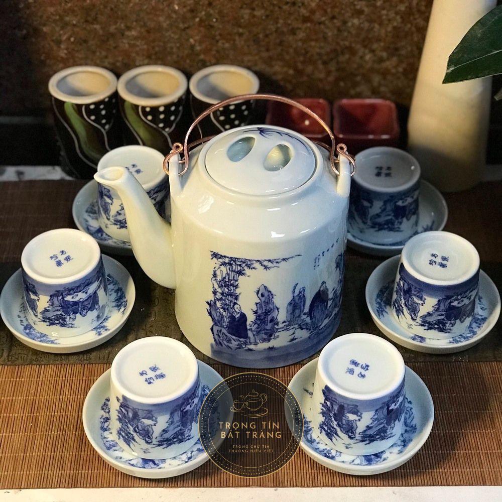 Bộ Ấm Chén Tích Trà Đạo Gốm Trắng Men Lam Bát Tràng Trúc Lâm Thất Hiền Dáng Tích Lan ATA 25