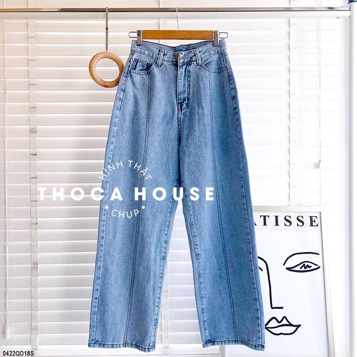 Quần jeans nữ ống rộng lai viền chỉ 5021 THOCA HOUSE kiểu cách mặc đi học, công sở cực xinh
