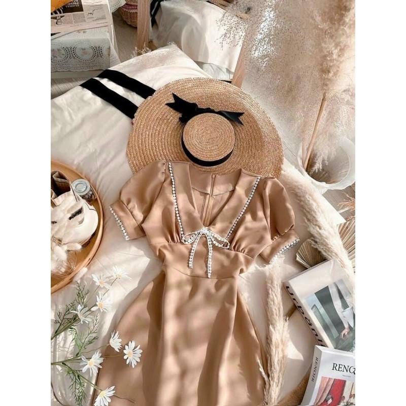 Đầm Midi Nude Viền Ren Nơ Ngực - Kèm Hình Thật
