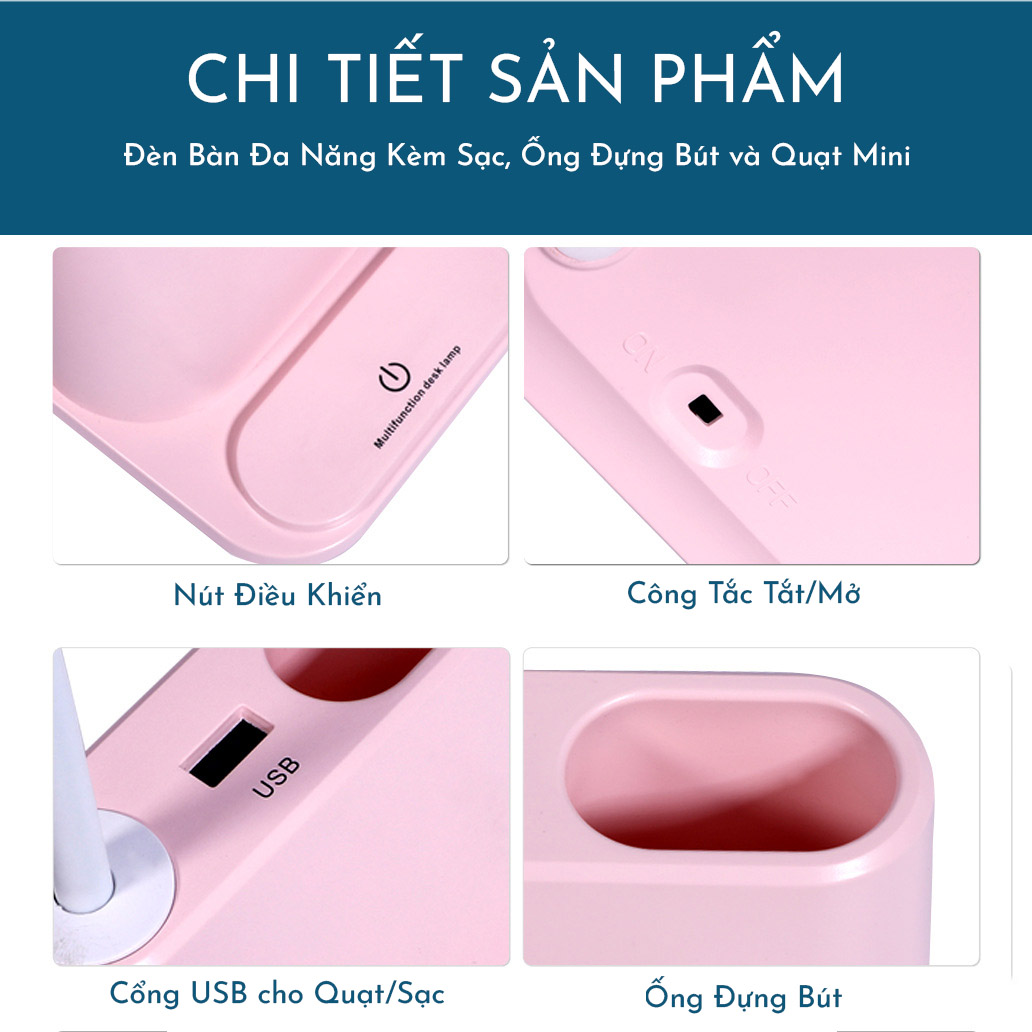 Đèn Bàn Đa Năng Pin Sạc 1200mAh Kiêm Pin Sạc Dự Phòng, Giá Đỡ Điện Thoại, Ống Đựng Bút.