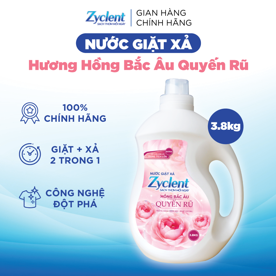 Nước  Giặt Xả Zyclent Extra Hương Hồng Bắc Âu Quyến Rũ - 3.8kg
