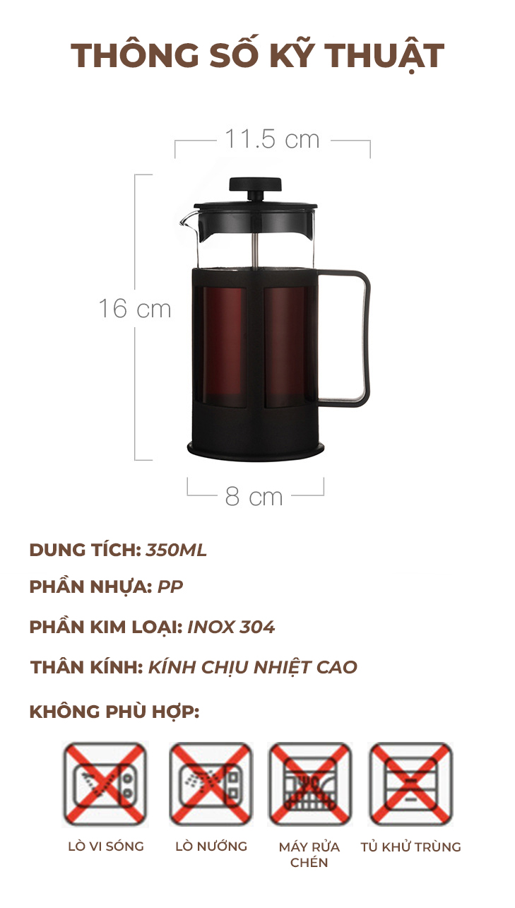 Bình pha cafe ấm trà Pha trà chuẩn kiểu Pháp - 350ml - Piggyy