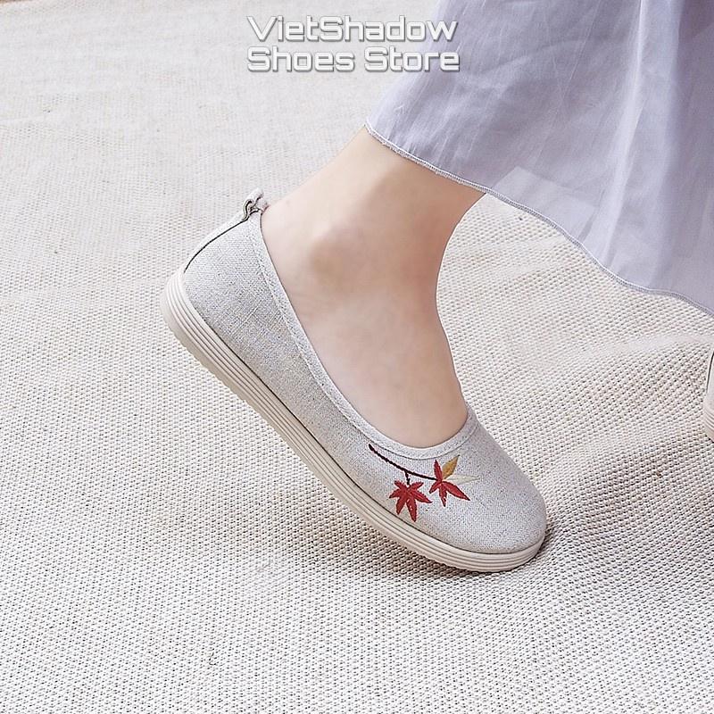 Slip on nữ - Giày lười vải thêu hình Lá Phong - Chất liệu vải gai dầu màu kaki - Mã C-8