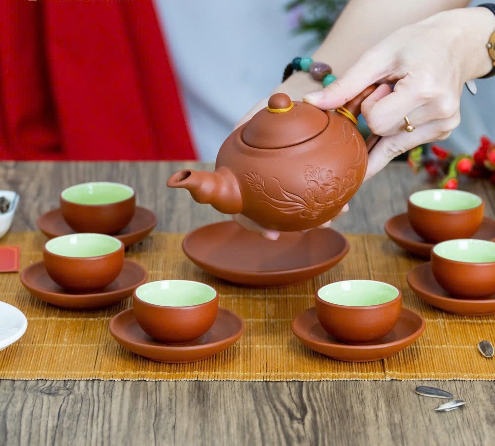Bộ Ấm Trà Tử Sa Khắc Lá Trúc Cao Cấp – 1 Ấm 6 Chén 6 Đĩa, Phong Cách Trà Đạo, Quà Tặng Sang Trọng - HÀNG CHÍNH HÃNG MINIIN
