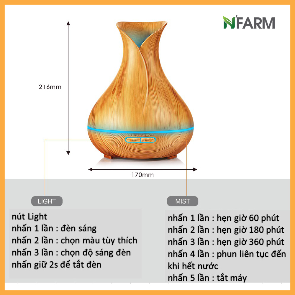 Combo máy khuếch tán, máy xông tinh dầu NFarm hình bình hoa + tinh dầu cam hương N'Farm (10ml)/ Phun sương sóng siêu âm/ Có remote điều khiển