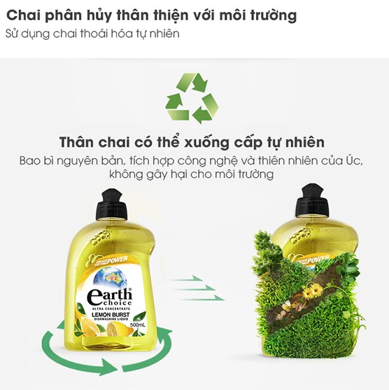 Nước rửa chén đậm đặc Earth Choice gốc thực vật hương chanh vàng kháng khuẩn 500ml