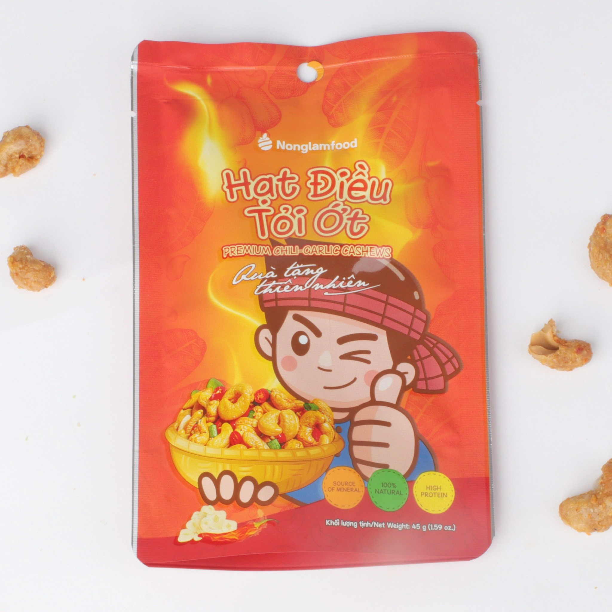 Hạt điều phủ vị phô mai, sầu riêng, tỏi ớt, wasabi túi 45g Nonglamfood | Đồ ăn vặt dinh dưỡng