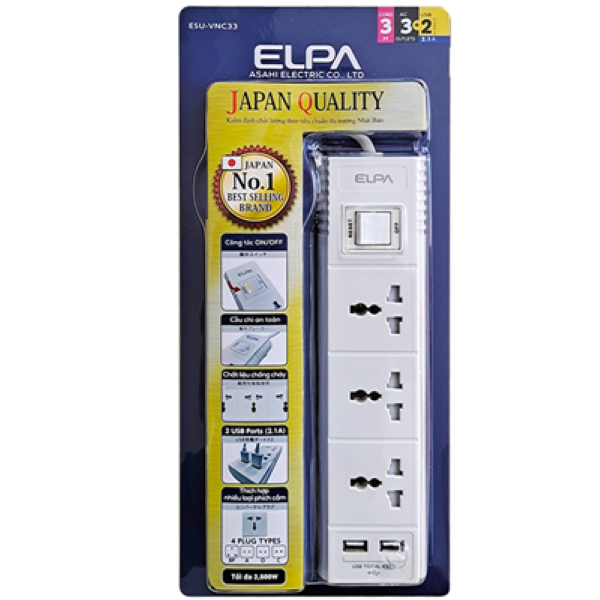Ổ cắm 3 ổ điện; 1 công tắc; 3m ELPA ESL-VNC33 - HÀNG CHÍNH HÃNG