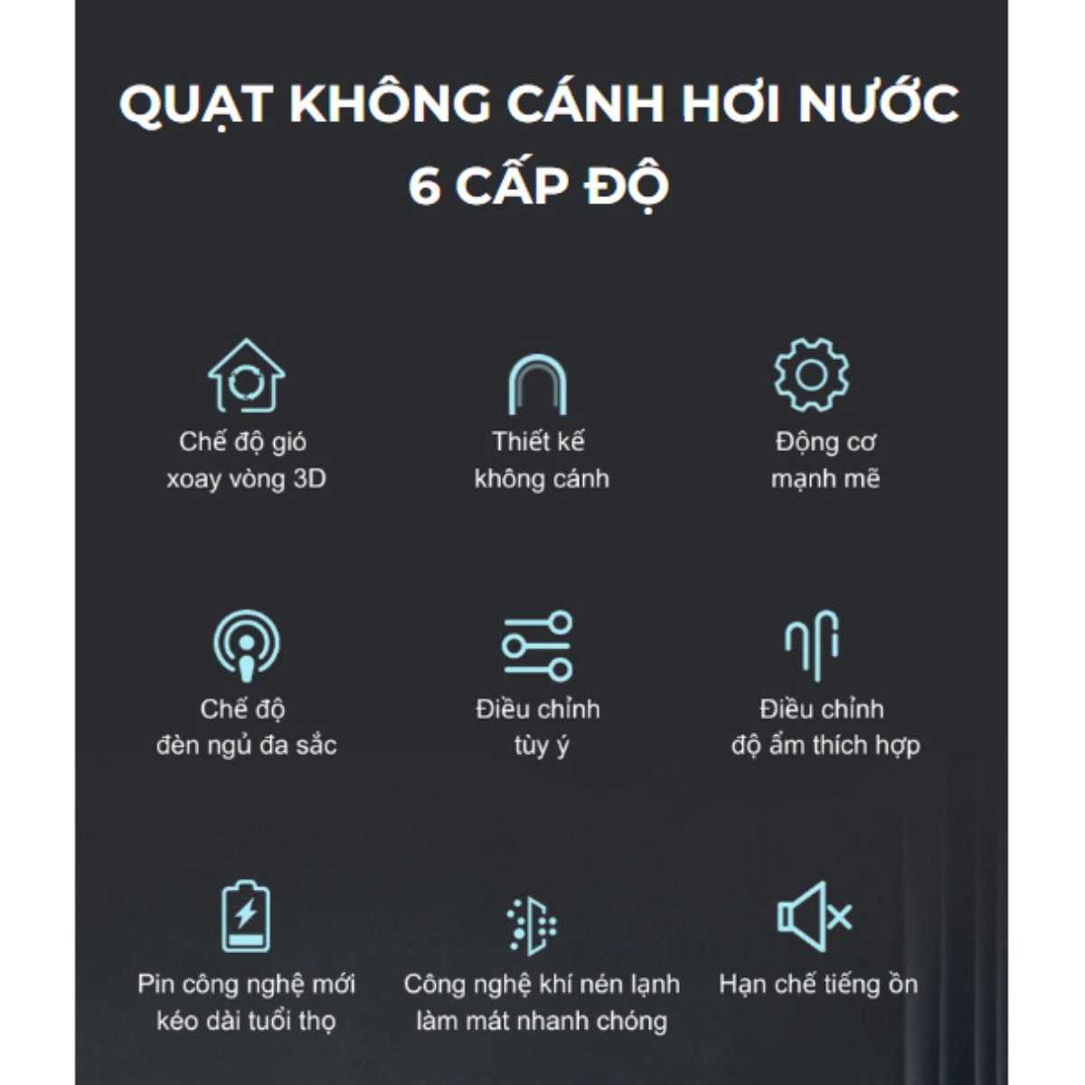 Quạt Tích Điện Làm Mát Không Cánh Tạo Độ Ẩm Mạnh Mẽ Để Bàn 6 Chế Độ Màn Hình Led - BH 12 tháng