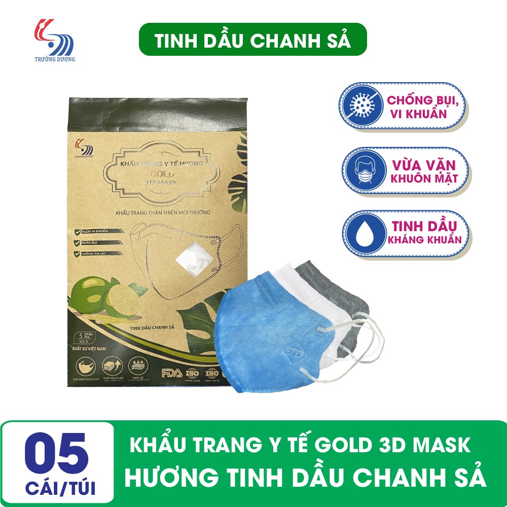 Khẩu trang y tế hương Chanh Sả Gold 3D Mask - Túi 5 cái