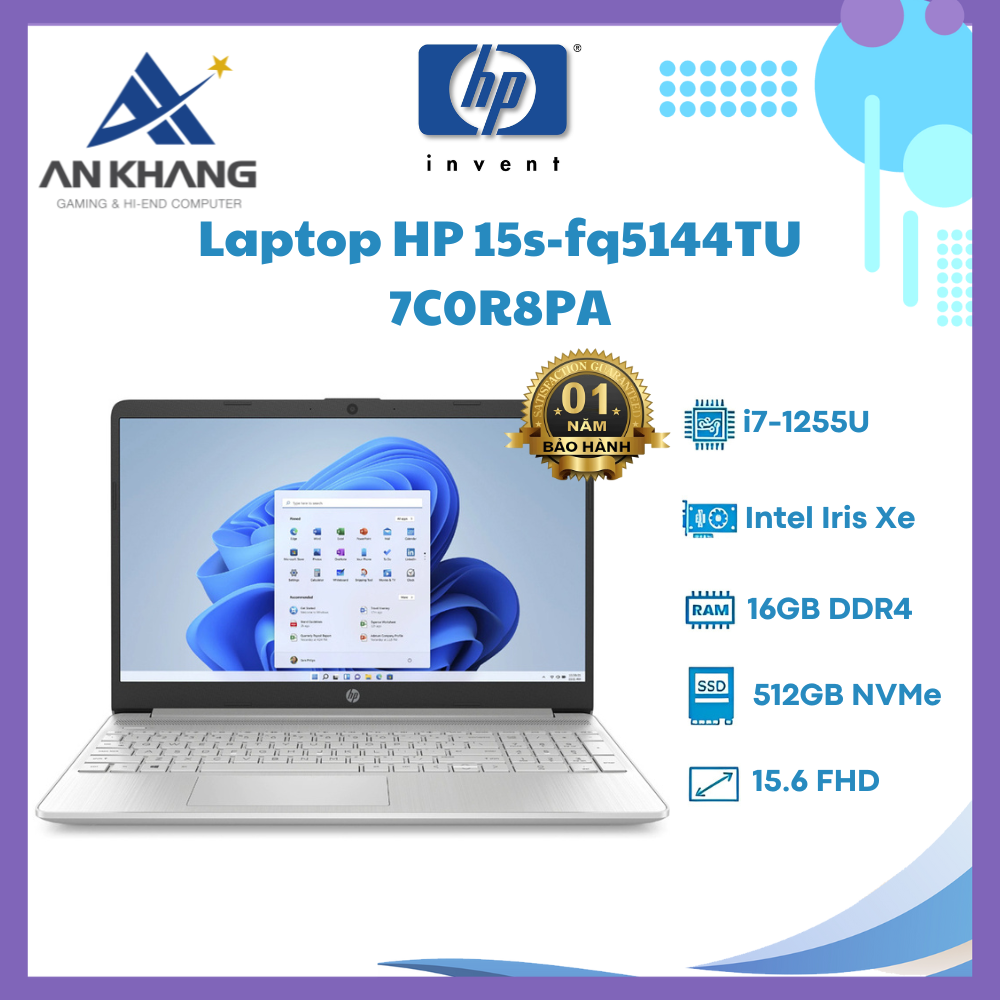 Laptop HP 15s-fq5144TU 7C0R8PA (Core i7-1255U | 16GB | 512GB | Iris Xᵉ Graphics | 15.6 inch FHD | Windows 11 | Natural Silver) - Hàng Chính Hãng - Bảo Hành 12 Tháng Tại HP Việt Nam