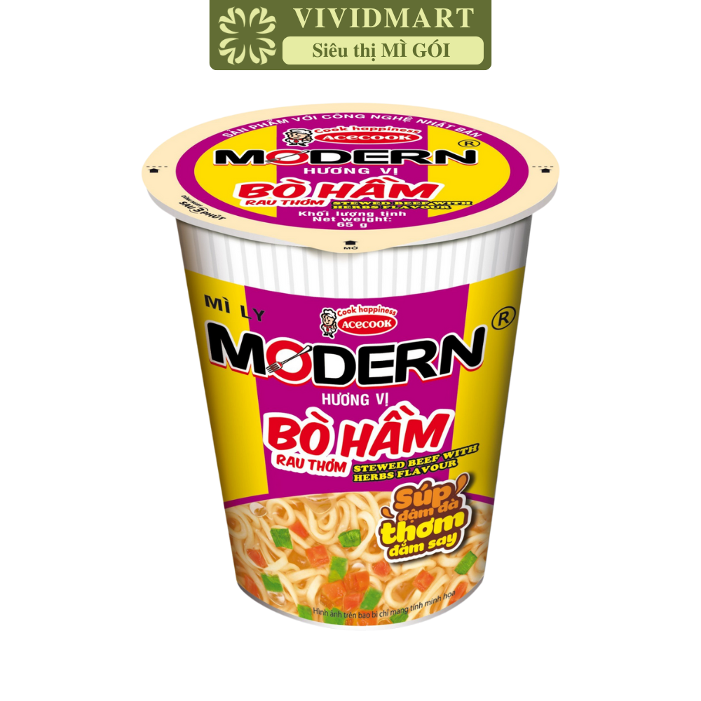 ACECOOK - Mì ly Modern Bò Hầm Rau Thơm, Mì ly ăn liền Modern hương vị Bò Hầm Rau Thơm, Mì Modern ly Bò Hầm Rau Thơm, Mì Bò Hầm Rau Thơm Modern (65g/ly)