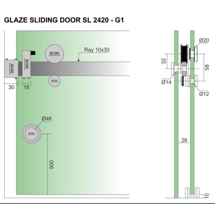 Bộ cửa trượt lùa 2420-G1 dùng inox hộp 10x30mm - Glaze