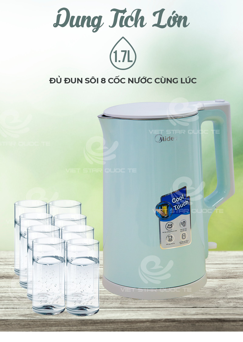 Bình đun siêu tốc Midea 1.7 lít MK-17DG - Xanh - Hàng Chính Hãng