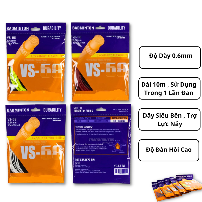 Dây Đan Vợt Cầu Lông VS Cao Cấp - Dày 0.68mm - Dây Siêu Bền - Nảy Trợ Lực - Độ Dàn Hồi Tốt