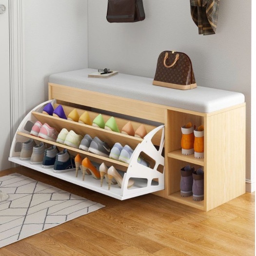 Tủ Giày Gỗ MDF Chống Ẩm Cánh Lật Siêu Gọn 3 Ngăn Có Hộc Và Đệm Da Ngồi Sang Trọng VANDO