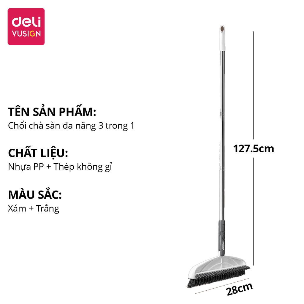 Chổi Chà Sàn Nhà Tắm Kết Hợp Gạt Nước Đầu Chữ V Deli - Chổi Cọ Sàn Đa Năng 2 Đầu Chổi Kèm Gạt Nước Làm Sạch Mọi Góc Bẩn