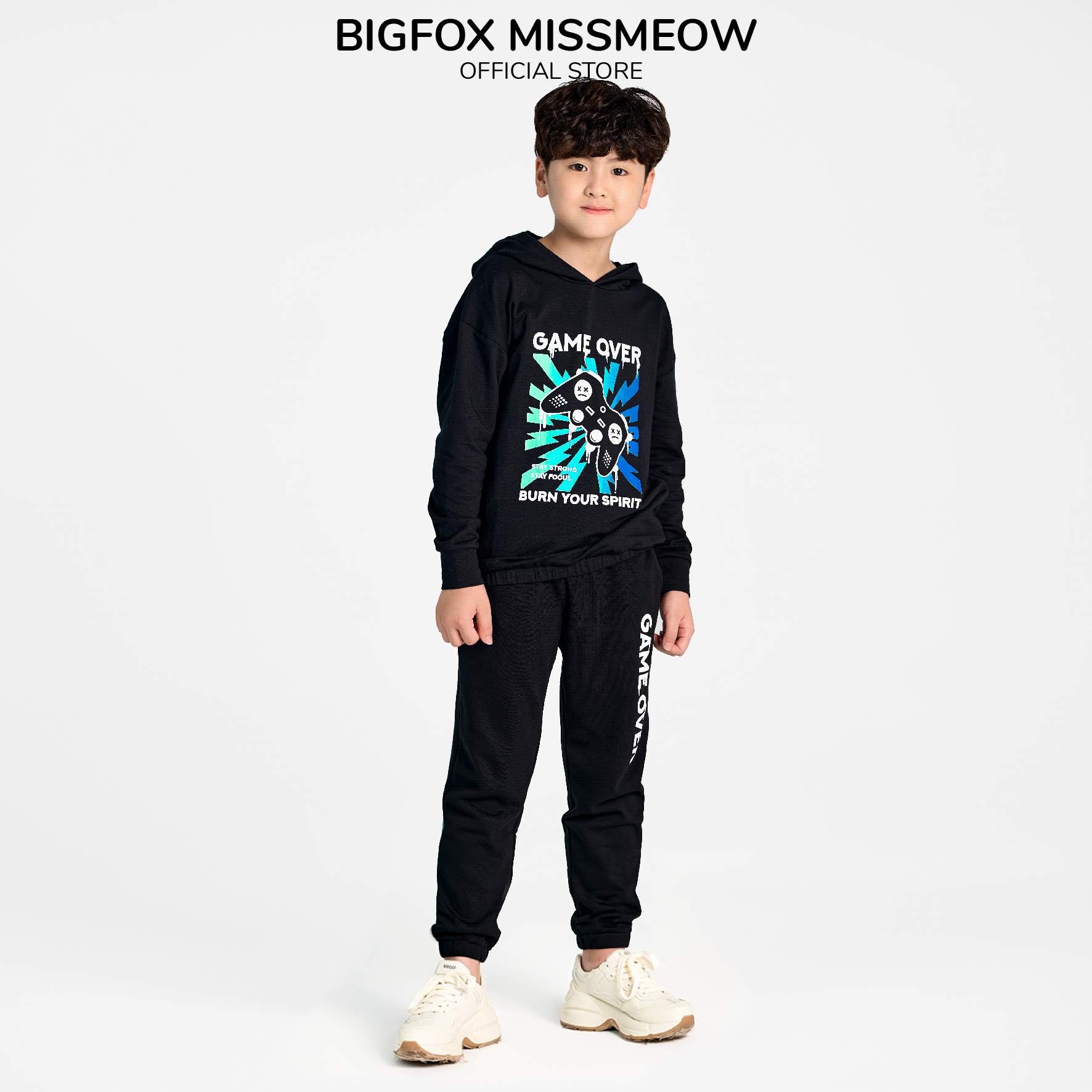 Bộ nỉ bé trai size đại Bigfox Miss Meow, bộ thu đông cho bé trai dáng hoodie họa tiết Game Over size trẻ em 7,8..15 tuổi