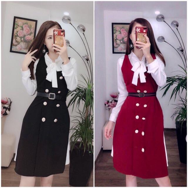 Set yếm khuy phối váy lụa tầm nơ cổ siêu sale