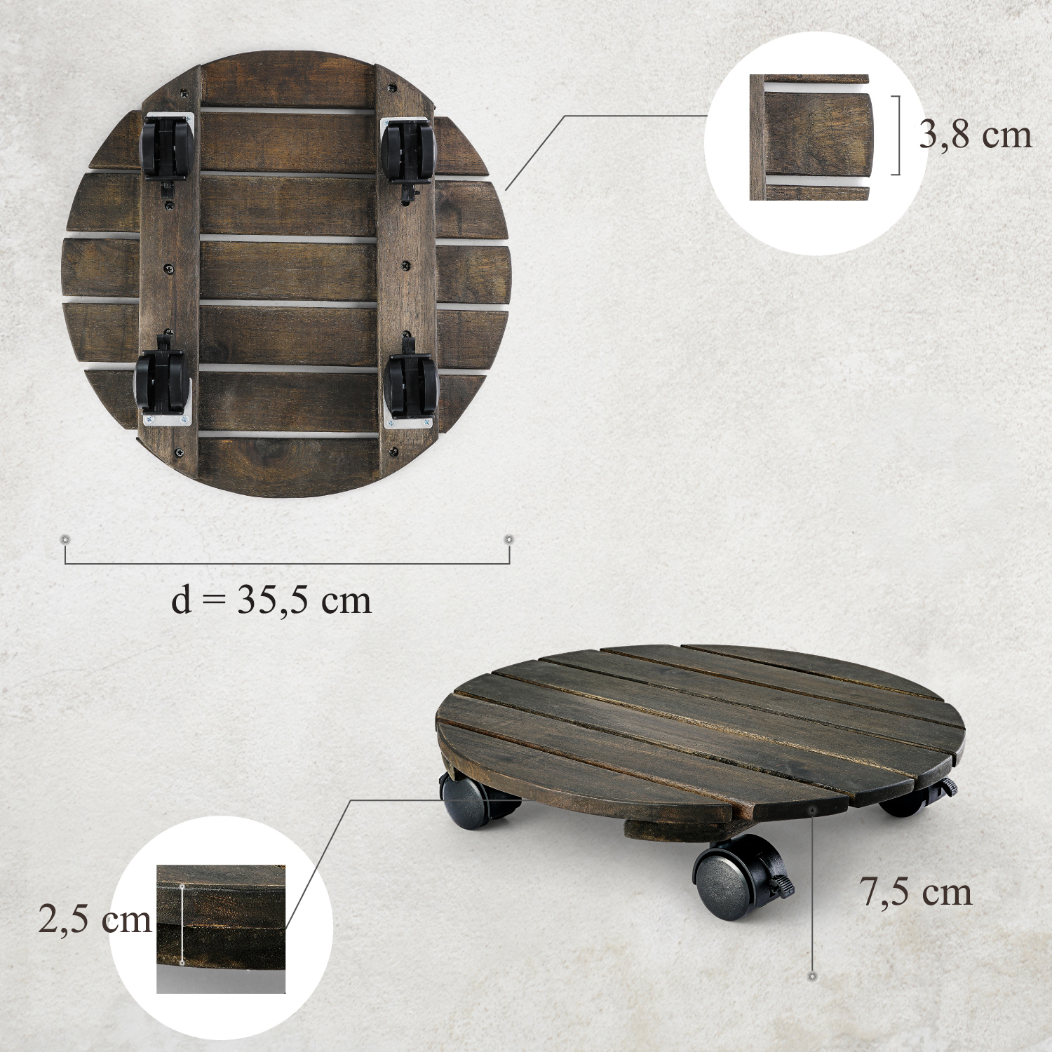 Đế Tròn Nâng Chậu Cây Chậu Hoa Di Động Có Bánh Xe Có Khóa Màu Đen Đường Kính 35 cm