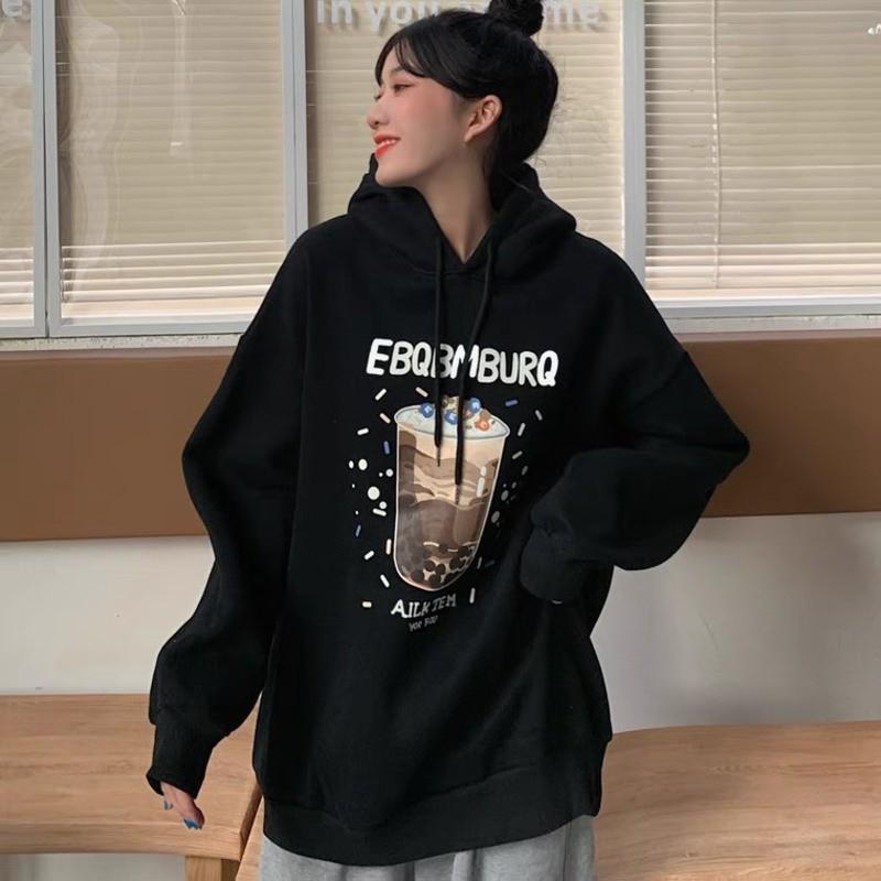 Áo Hoodie Chống Nắng THIFU FASHION In Hình Ly Trà Sữa Nón 2 Lớp Chất Liệu Thun PE Cho Nam Và Nữ Dưới 70kg
