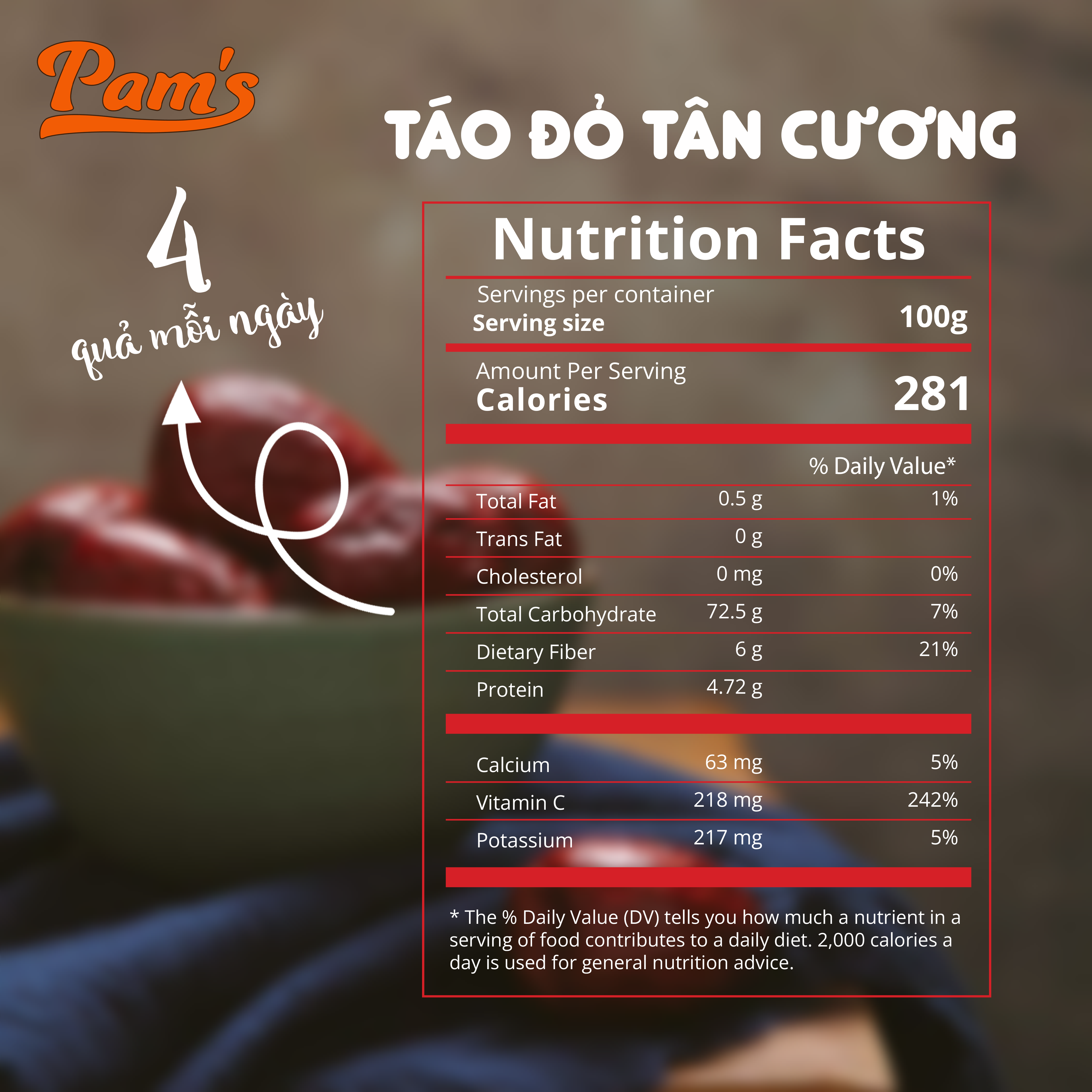 Táo Đỏ Tân Cương Size Đại 60-70 quả/kg Thượng Hạng Pams hũ 250g - Táo Đỏ Khô Tự Nhiên, Vị Ngọt