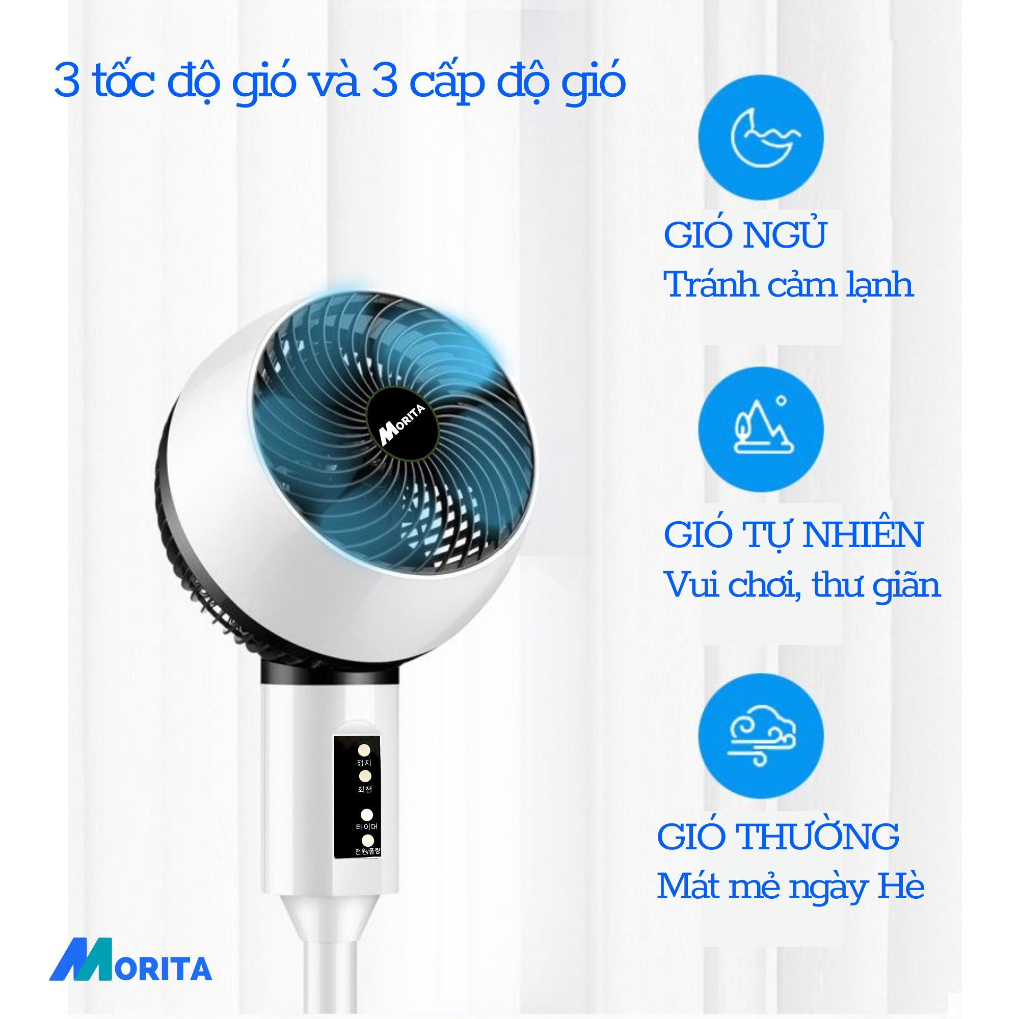 Quạt tuần hoàn không khí Morita TF-2188R với 3 chế độ gió, có thể xoay 90°