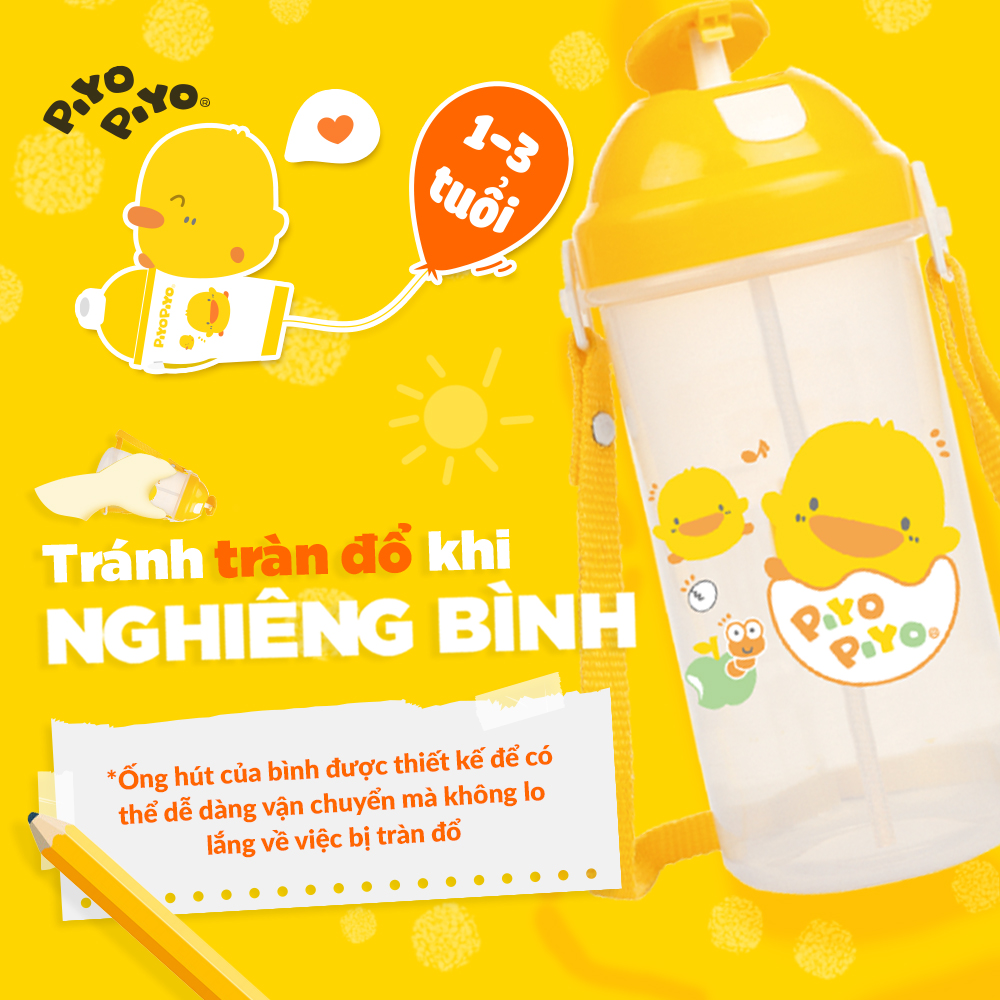 Bình nước cho bé đi học có dây đeo Piyo Piyo 600ml, bấm nút để mở, ống hút chống tràn