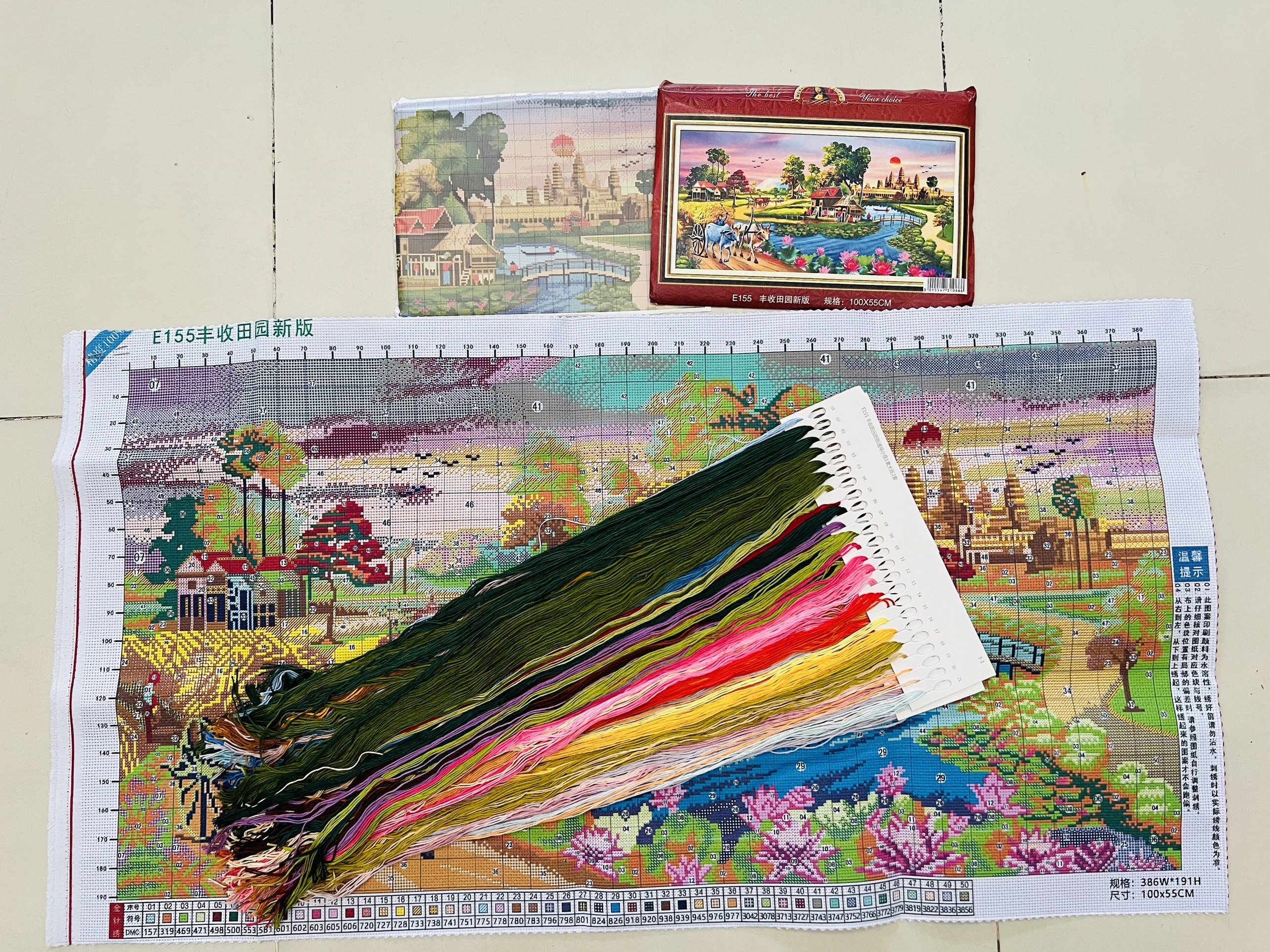 Tranh thêu kín Phong cảnh làng quê E155, kích thước 100 x 55 cm