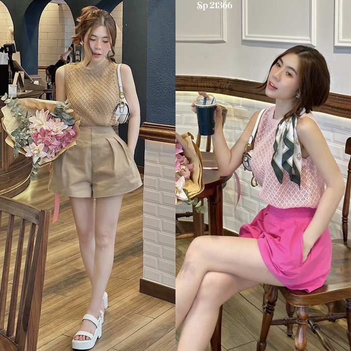 SET ÁO LƯỚI SÁT NÁCH MÀU PASTEL XUYÊN THẤU + QUẦN GIẢ VÁY NGẮN SHORTS ỐNG RỘNG LƯNG CAO ĐI CHƠI TIỆC DẠO PHỐ ĐI BIỂN ĐI LÀM CÔNG SỞ