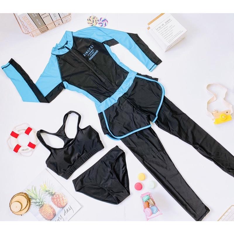 Bộ đồ bơi nữ liền mảnh dài tay quần dài xanh mint pha đen siêu đẹp