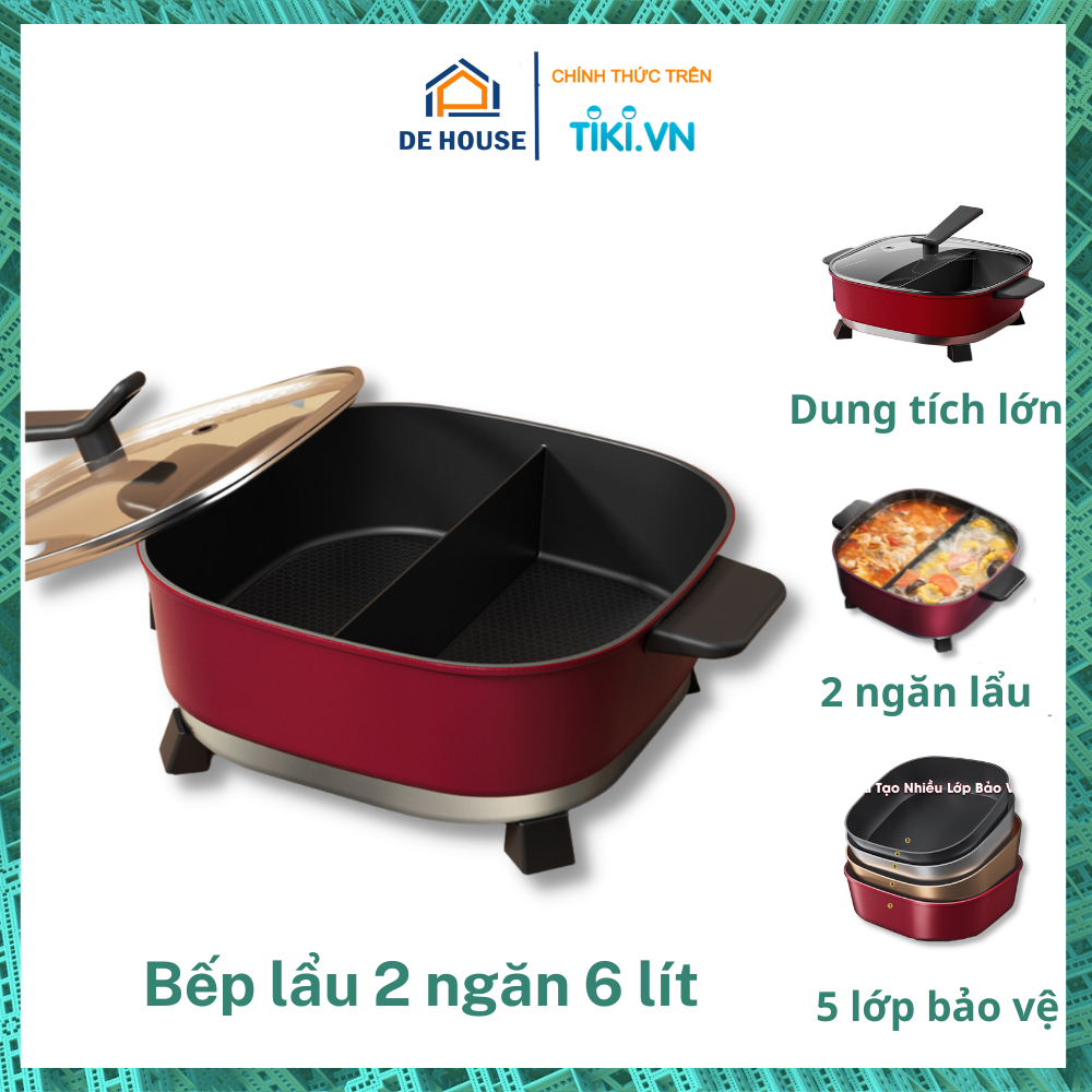 Bếp Lẩu Điện 2 Ngăn Chống Dính Tuỳ Chỉnh Nhiệt Độ Dung Tích 6 Lít 1500W - Hàng Chính Hãng