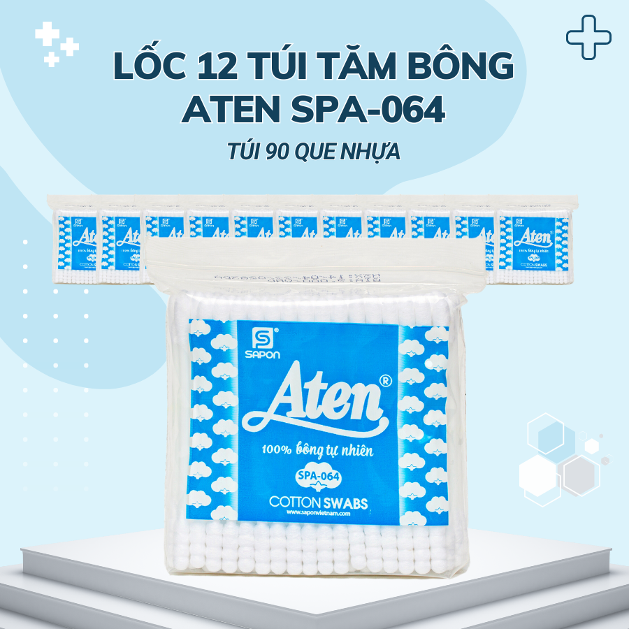 Lốc 12 túi Tăm bông Aten người lớn thân nhựa túi 90 que SPA-064