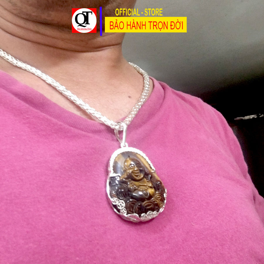 Mặt dây chuyền nam phật Di Lạc cỡ đại đá mắt hổ tự nhiên bọc bạc ta cao cấp trang sức Bạc Quang Thản - QTMDNA15