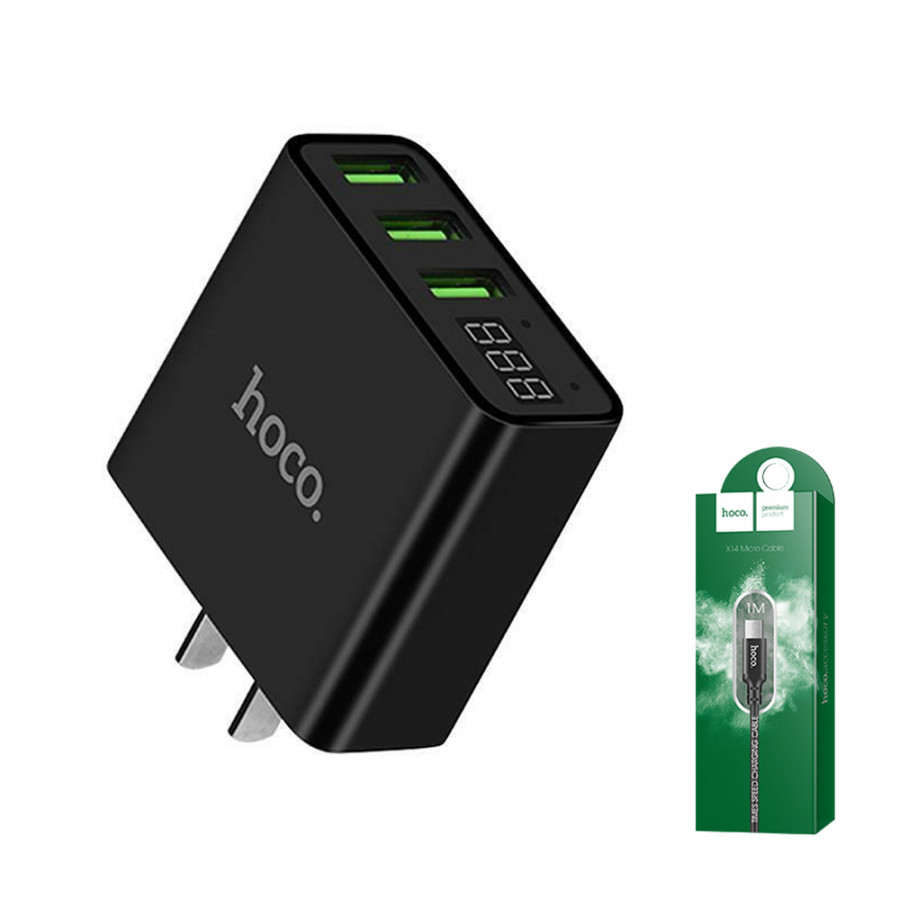 Củ sạc Hoco C15 củ sạc 3 cổng USB 3A có đèn LED hiển thị dòng diện - Tặng cáp sạc Lightning Hoco X14