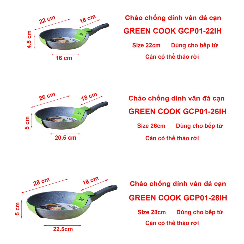 Chảo chống dính vân đá đáy từ đa năng 2 trong 1 Green Cook mẫu mới cán liền-hàng chính hãng