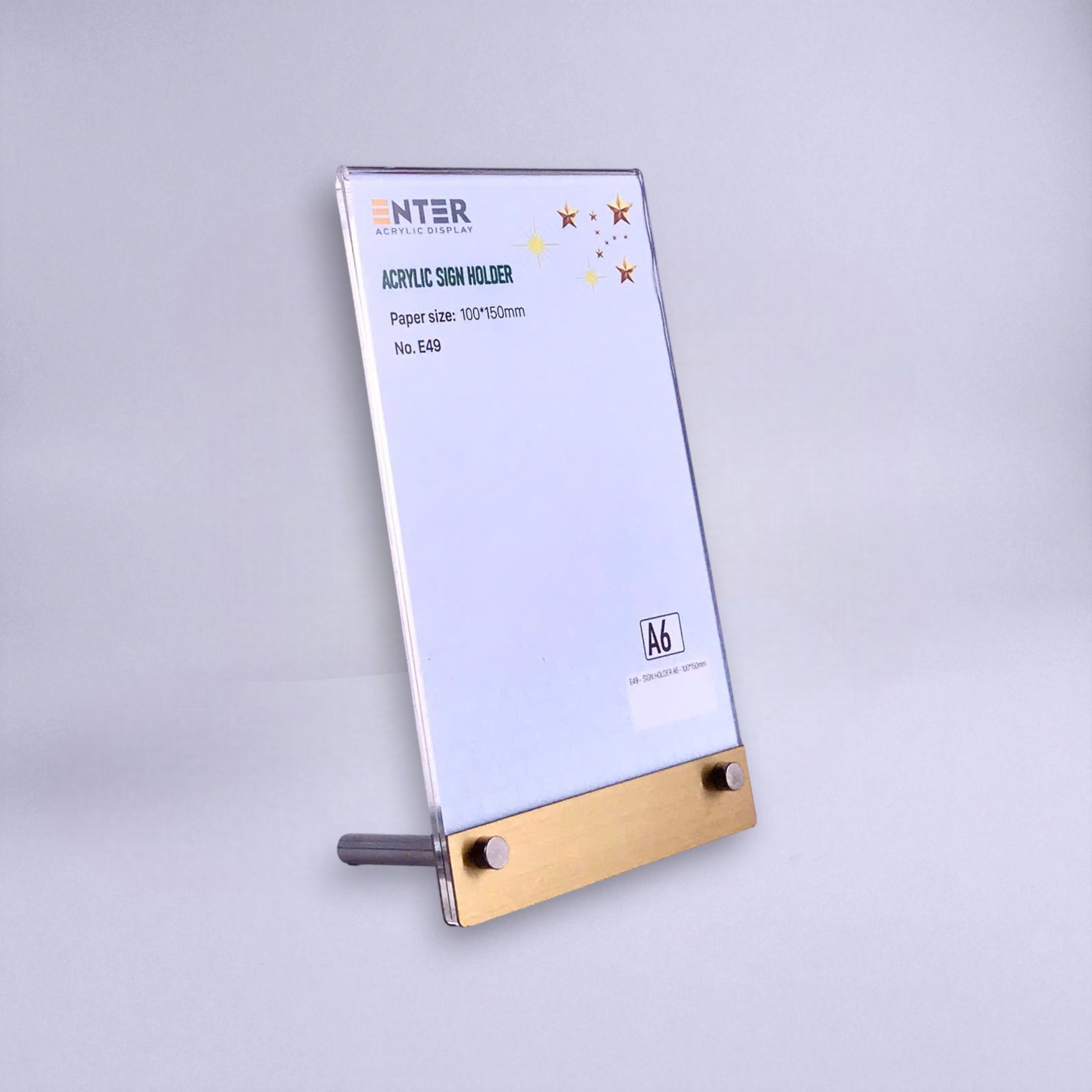 Kệ mica 1 mặt Enter E49 100x150mm liên kết bulon A6 đứng, Kệ menu nhà hàng, Standee mica để bàn, Bảng quét mã QR Code