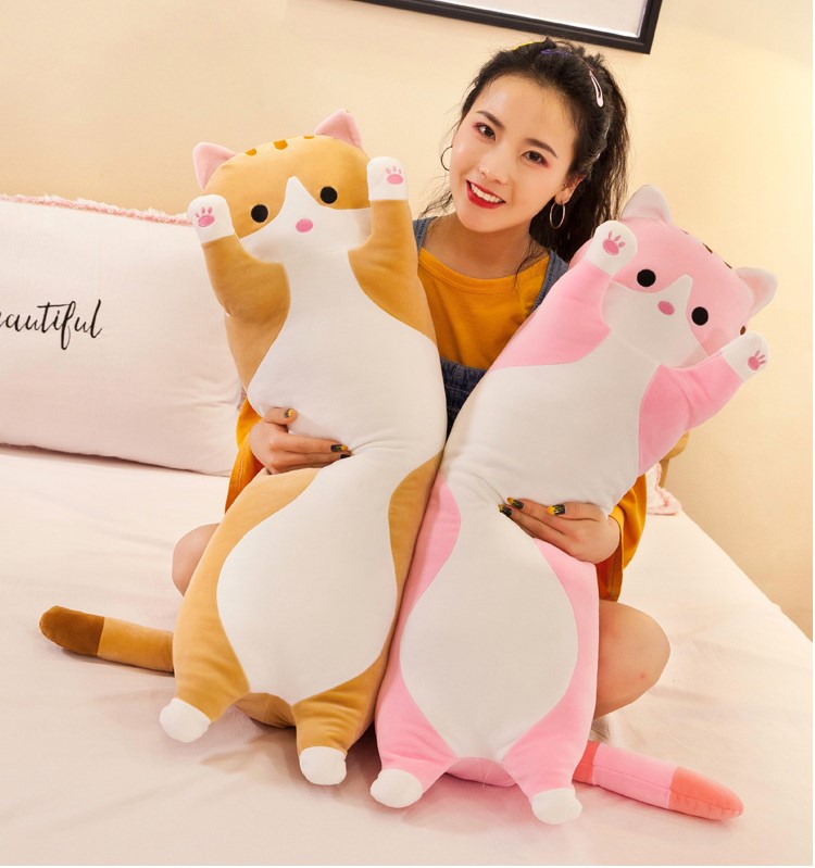Gối Ôm Gấu Bông Mèo Dài Bông Tuyết Siêu Mịn Xám