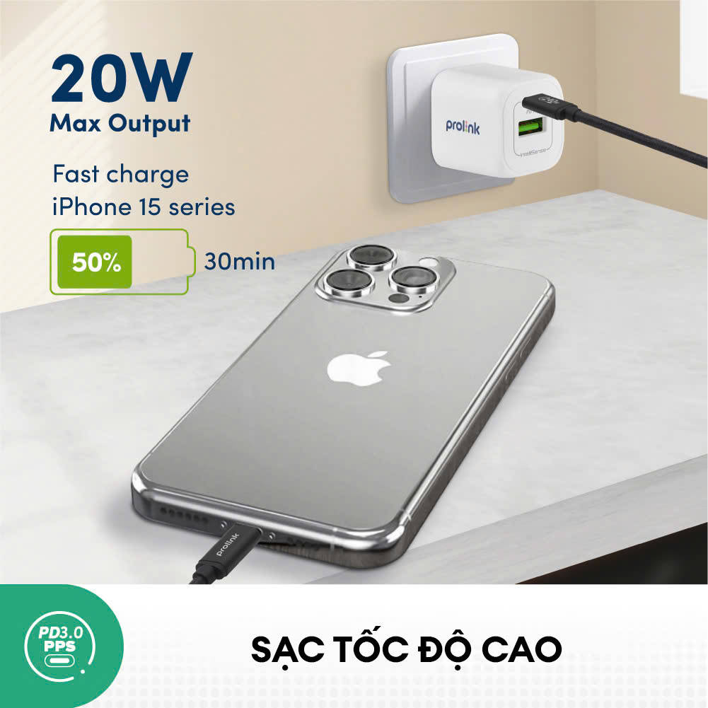 Củ Sạc Nhanh 20W PROLINK GT22003, 2 Cổng USB-A 3.0 &amp; USB-C PD, Công Nghệ GAN Siêu Nhỏ Nhẹ cho điện thoại  - Hàng chính hãng
