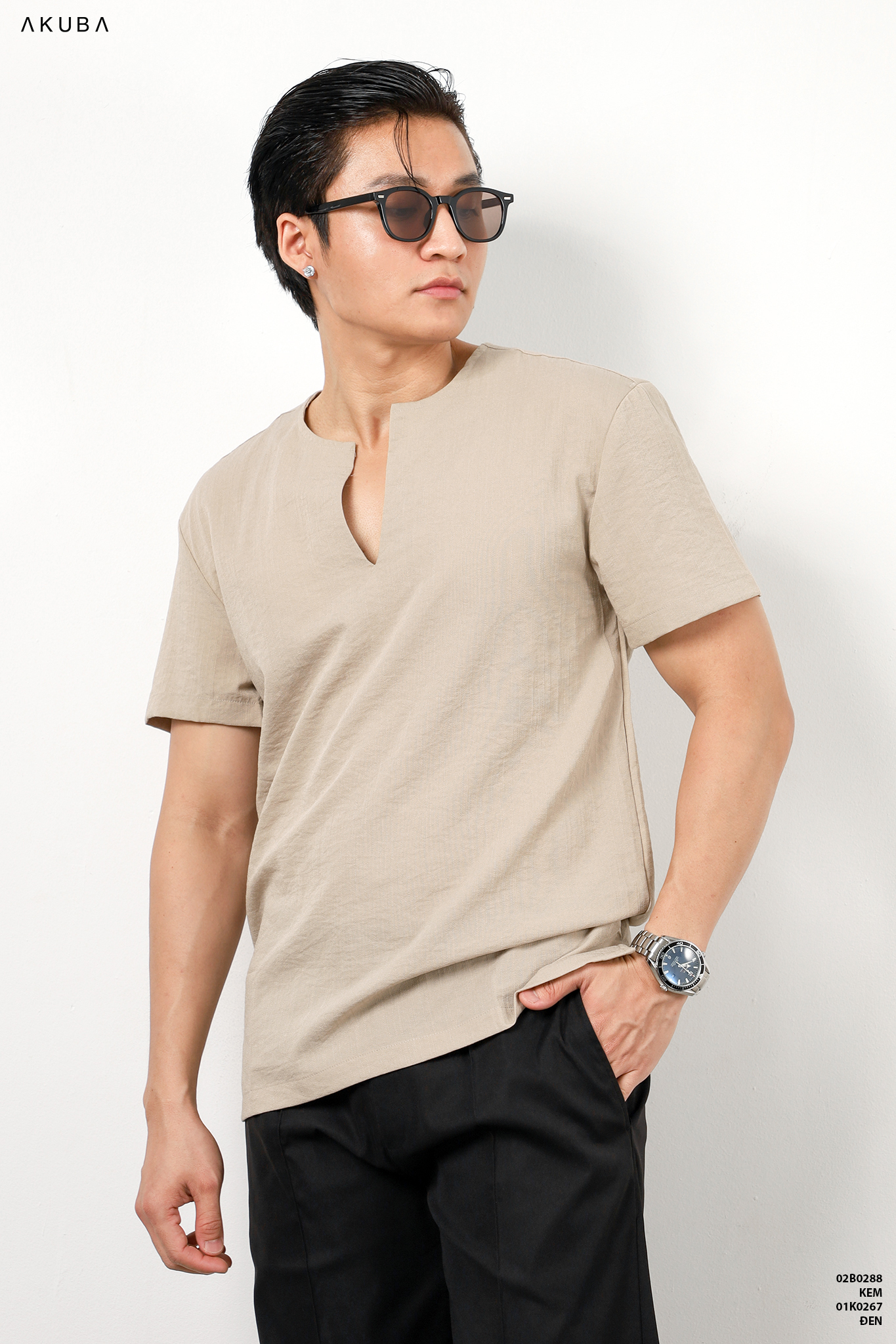 Áo linen nam tay ngắn trơn AKUBA form regular, vải linen nhẹ, thấm hút cực tốt, thân thiện môi trường 02B0288