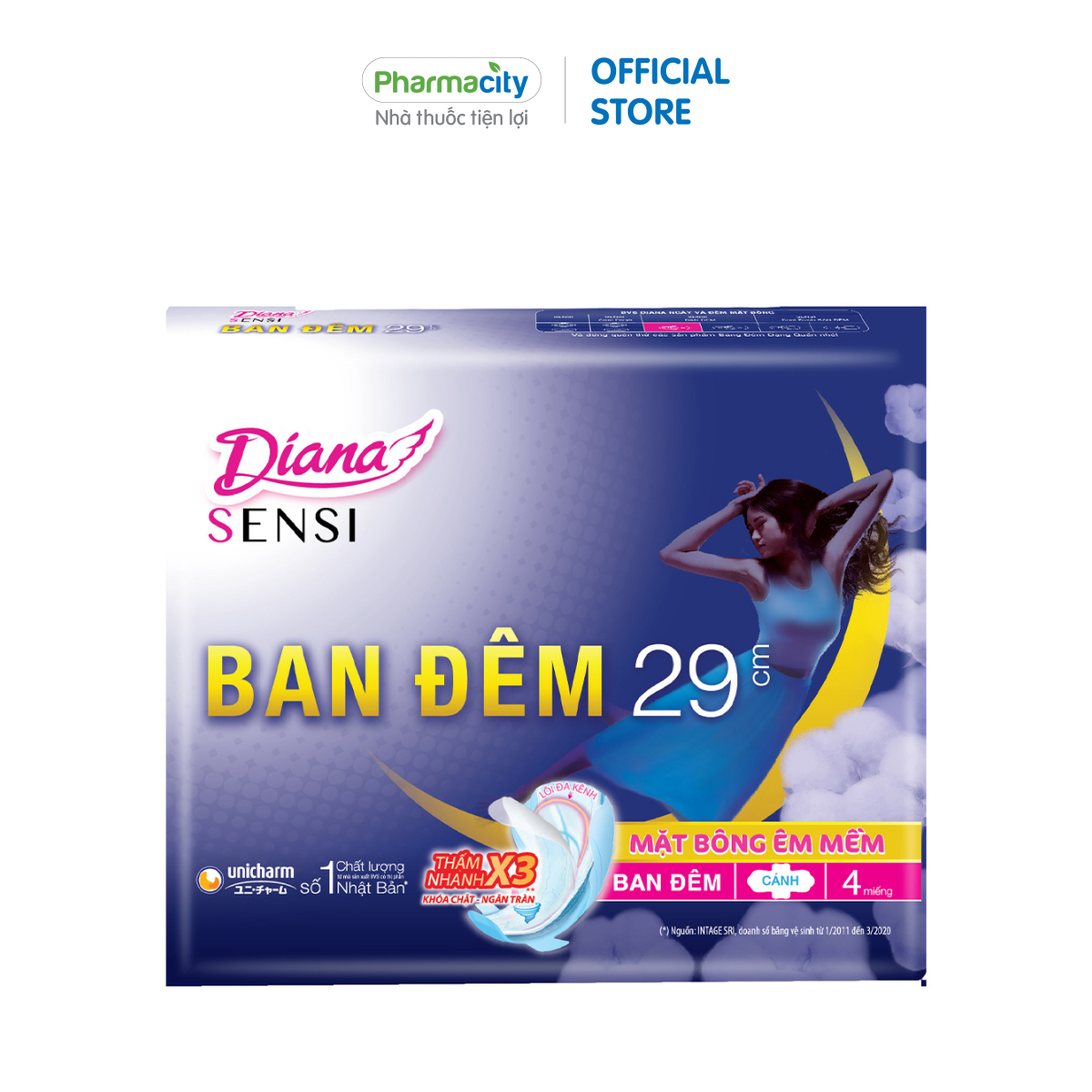 Băng vệ sinh ban đêm Diana Sensi Night 29cm (Gói 4 miếng)