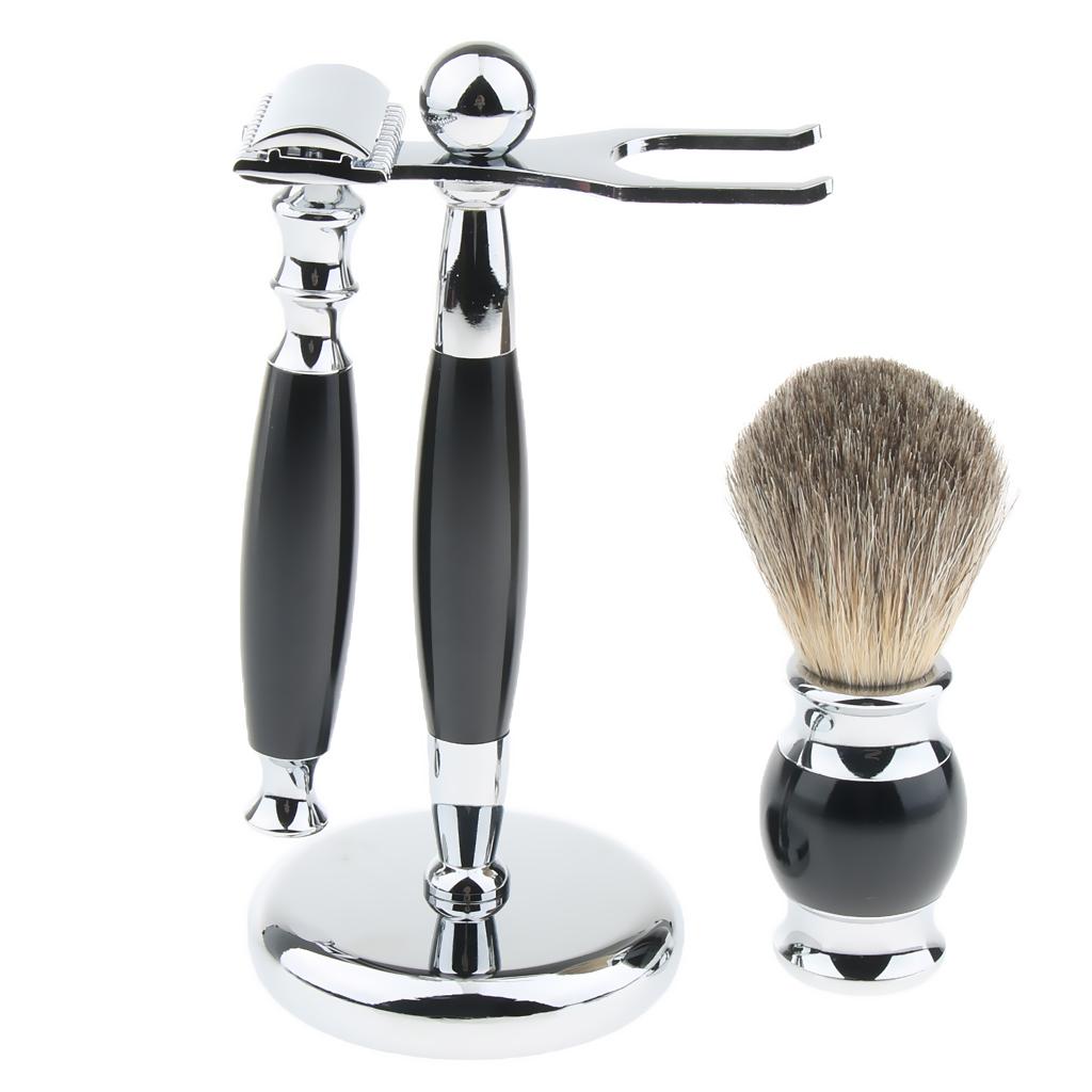 3 In 1 Black Men Beard Shaving Kit Set - Safety  + Brush + Holder Stand, Professional Grooming Tool