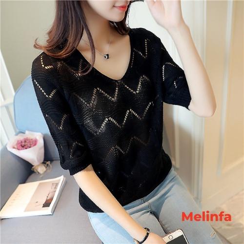 Áo len mỏng nữ cổ V tay lửng dập lỗ len dệt kim mềm mịn co giãn mặc mùa hè mã VAA0314