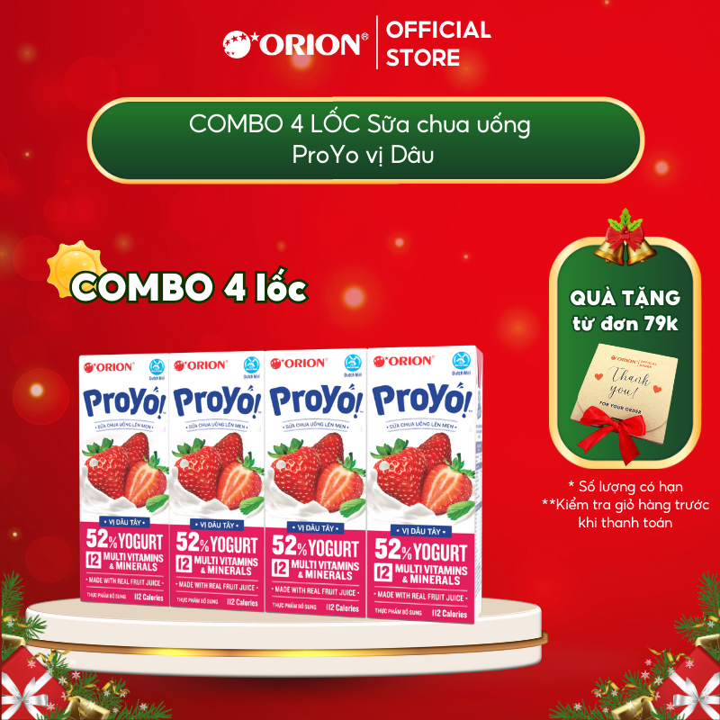 COMBO Lốc 4 hộp Sữa Chua Uống ORION ProYo vị Dâu Tây 180ML