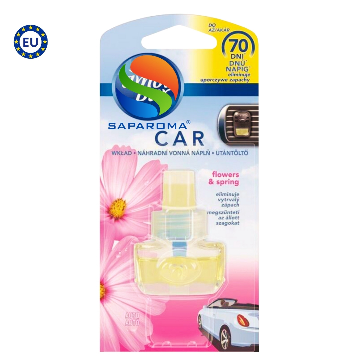 Lọ tinh dầu thơm ô tô Ambi Pur 7ml Flowers &amp; Spring - hoa mùa xuân, cài cửa gió, hỗ trợ khử mùi, nhập khẩu Châu Âu