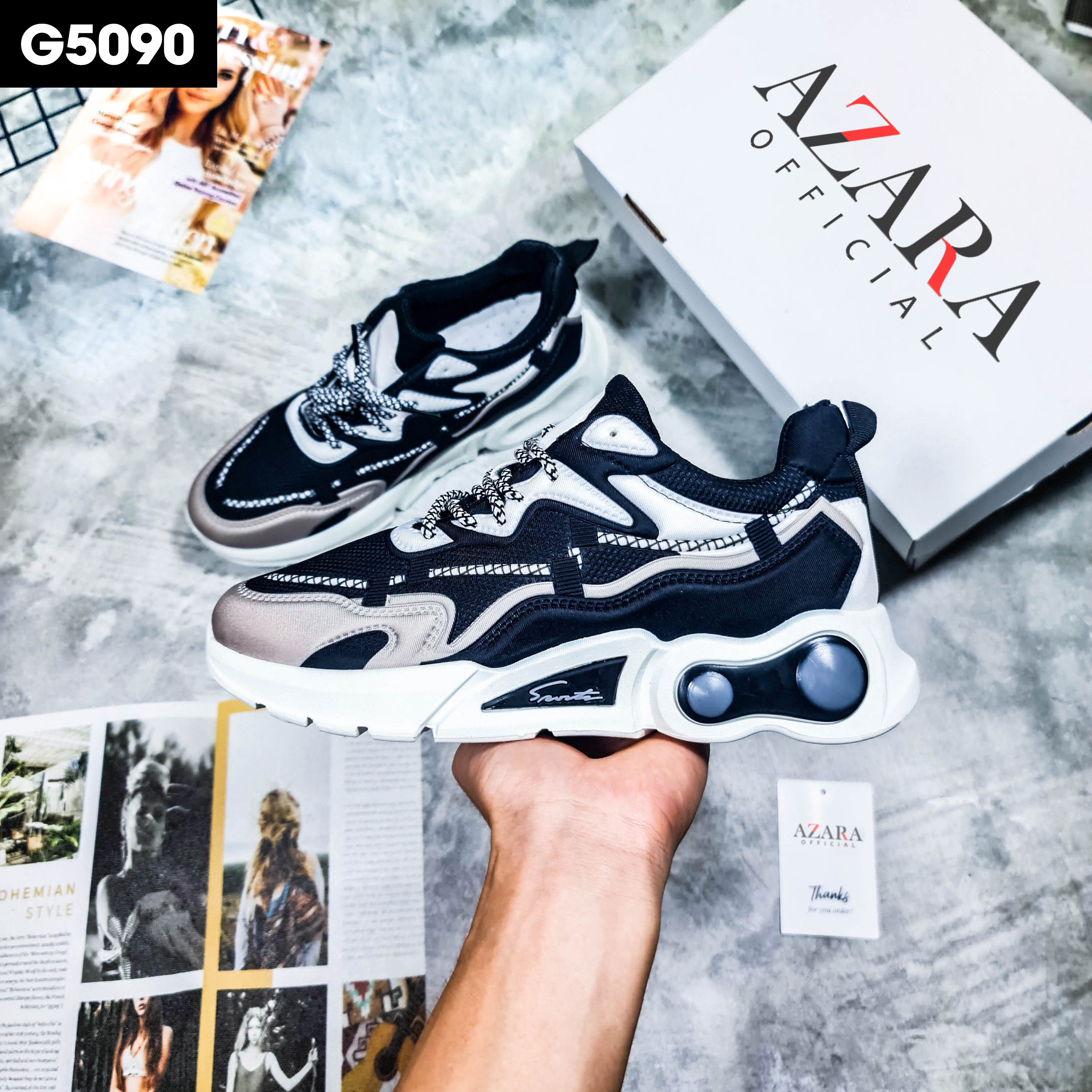 Giày Thể Thao Nam AZARA - Giày Sneaker Màu Đen - Đen Đỏ , Giày Thể Thao Kiểu Dáng Mới, Cực Đẹp, Đế TĂng Chiều Cao - G5090